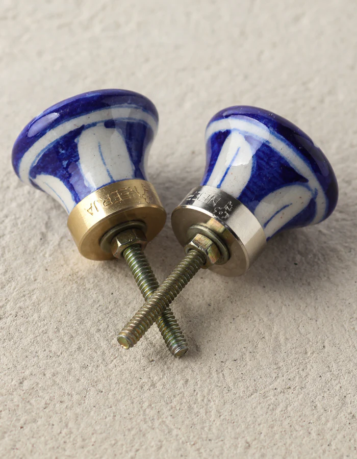 Blue Ceramic Blue Pottery Dresser Cabinet Knob With White Design - Image 4