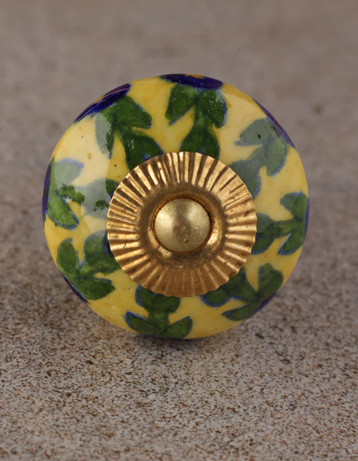Blue Flower And Leaf Design On Yellow Ceramic Dresser Cabinet Knob - Image 3