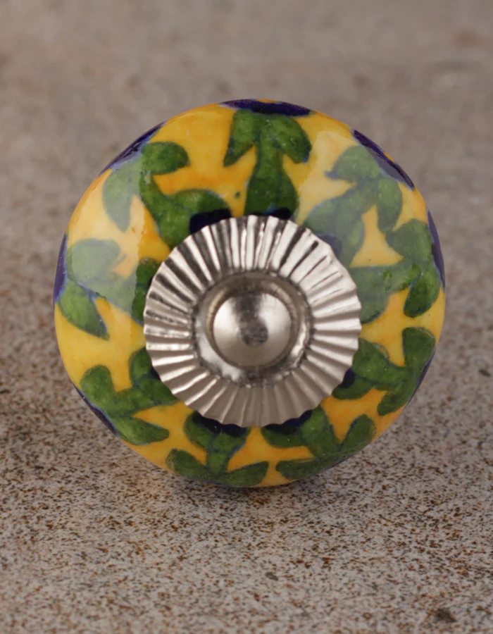 Blue Flower And Leaf Design On Yellow Ceramic Dresser Cabinet Knob - Image 4