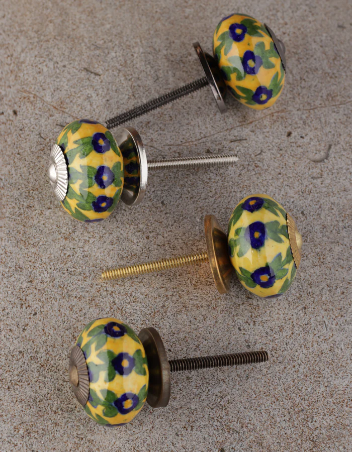 Blue Flower And Leaf Design On Yellow Ceramic Dresser Cabinet Knob - Image 5