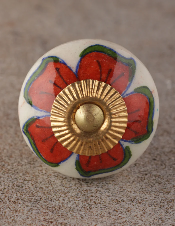 Designer Red Flower On White Ceramic Drawer Cabinet Knob - Image 3