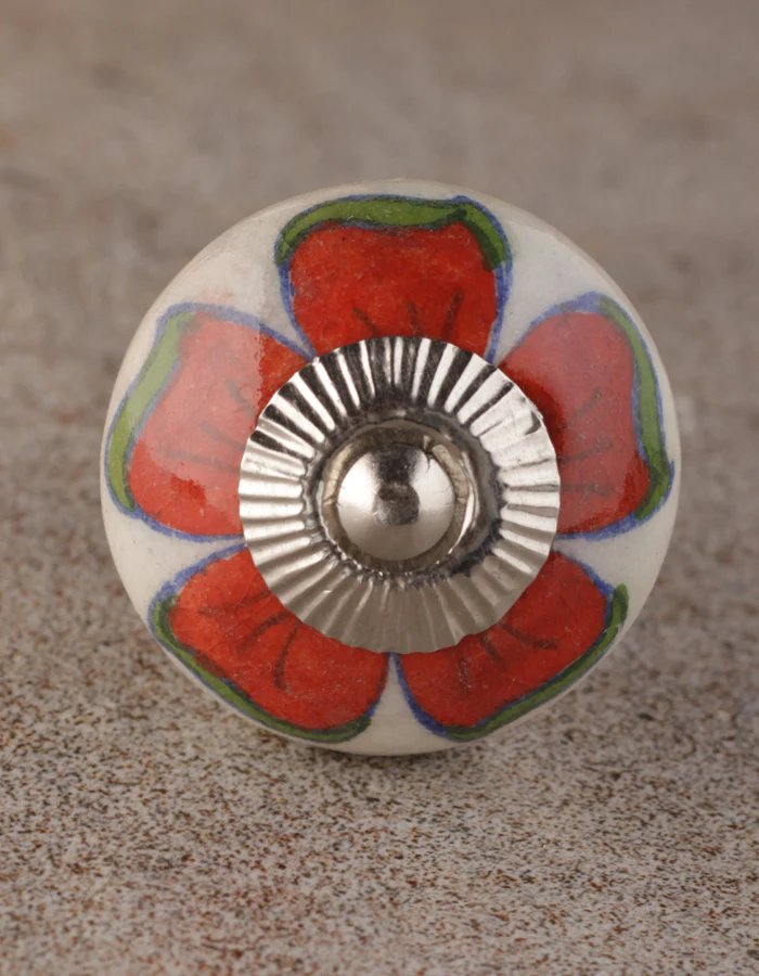 Designer Red Flower On White Ceramic Drawer Cabinet Knob - Image 4