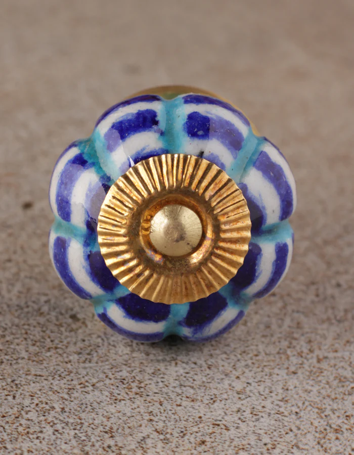 Designer White Ceramic Kitchen Cabinet Knob With Blue And Turquoise Design - Image 3
