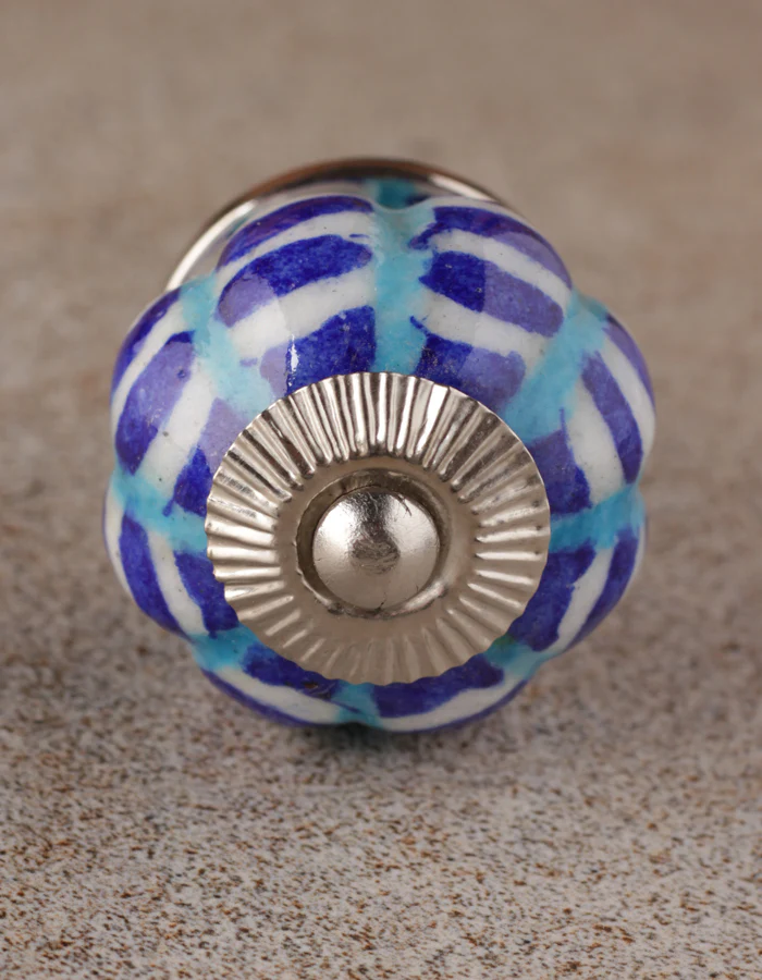 Designer White Ceramic Kitchen Cabinet Knob With Blue And Turquoise Design - Image 4