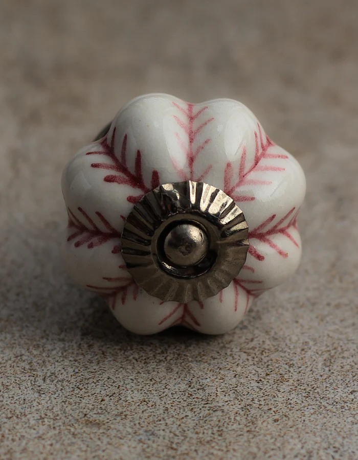 Flower Shaped White Ceramic Knob With Maroon Design - Image 4