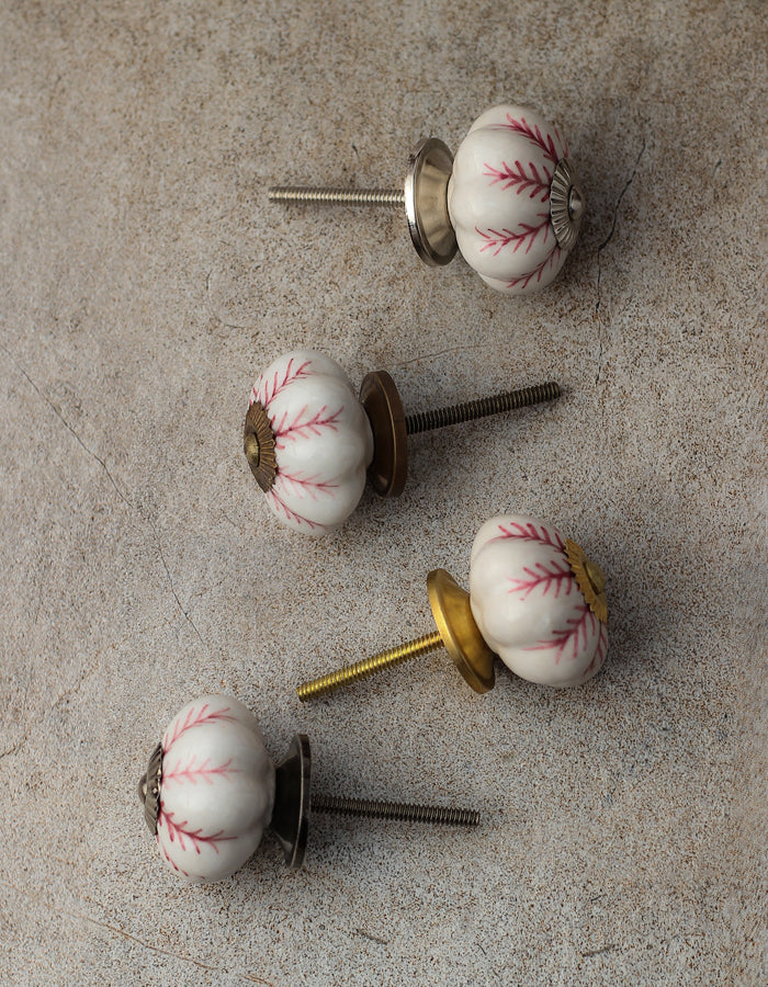 Flower Shaped White Ceramic Knob With Maroon Design - Image 5