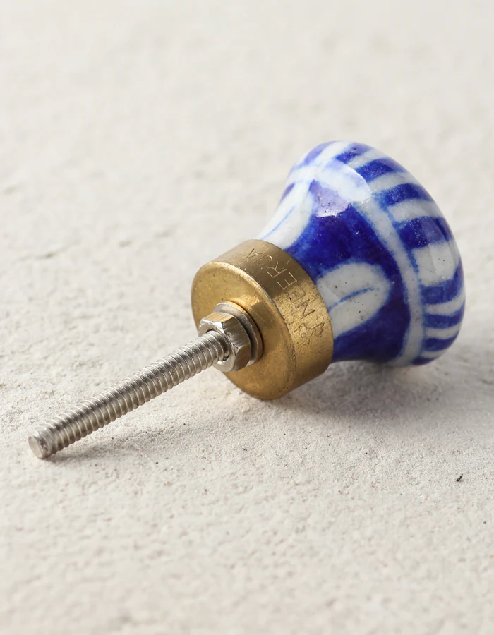 Handmade Blue Stripes On White Ceramic Dresser Cabinet Knob - Image 3