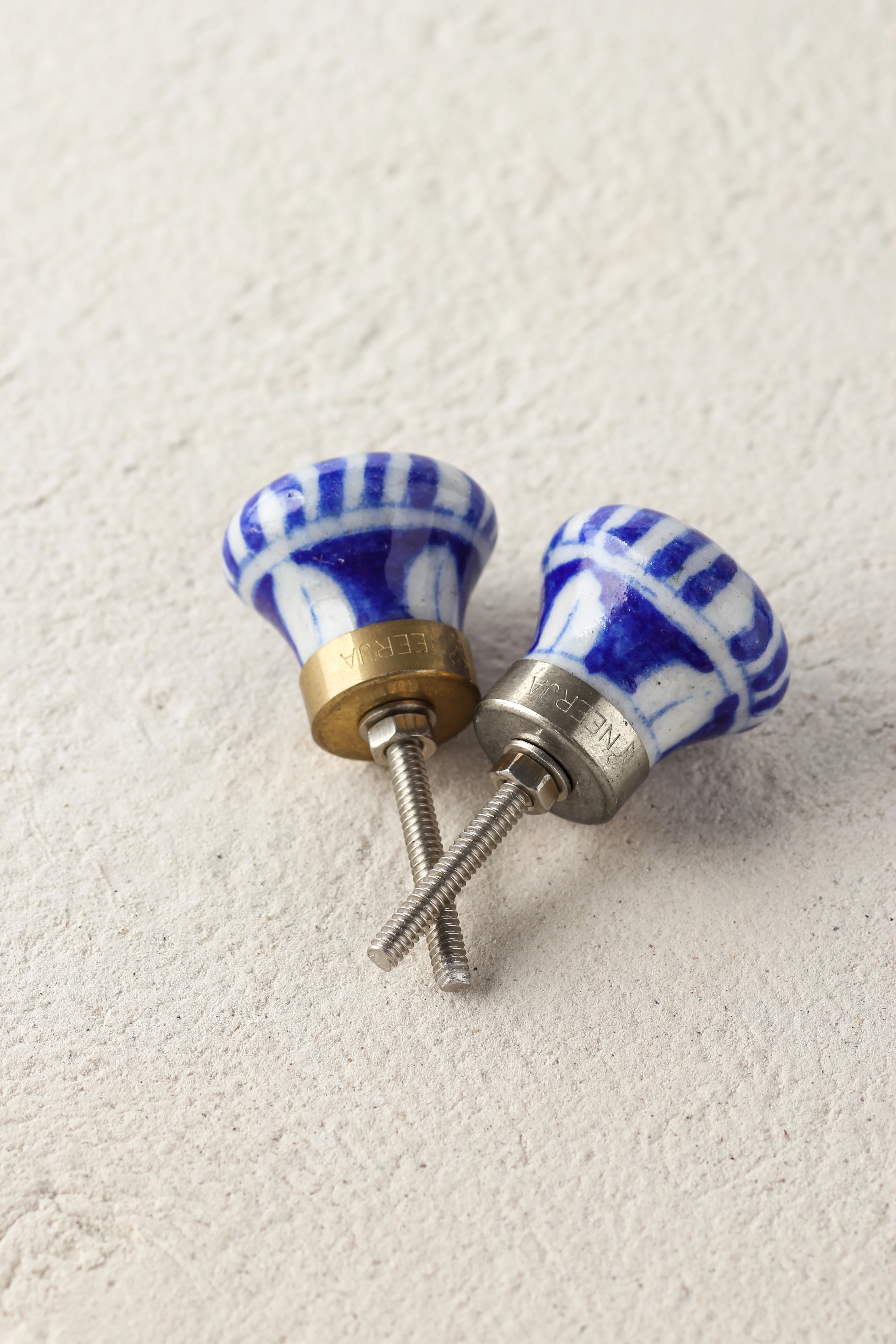 Handmade Blue Stripes On White Ceramic Dresser Cabinet Knob - Image 4