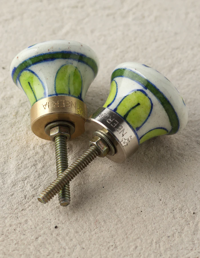 Handmade Green And Pink Petals On White Ceramic Blue Pottery Drawer Knob - Image 4