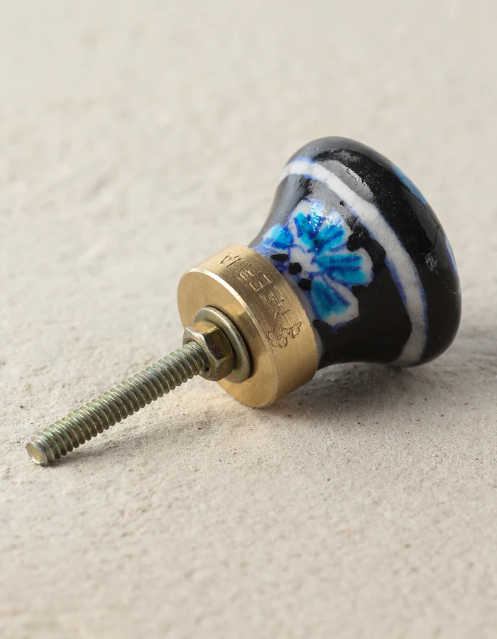 Handmade Paisley Flower On Black Ceramic Blue Pottery Drawer Knob - Image 3