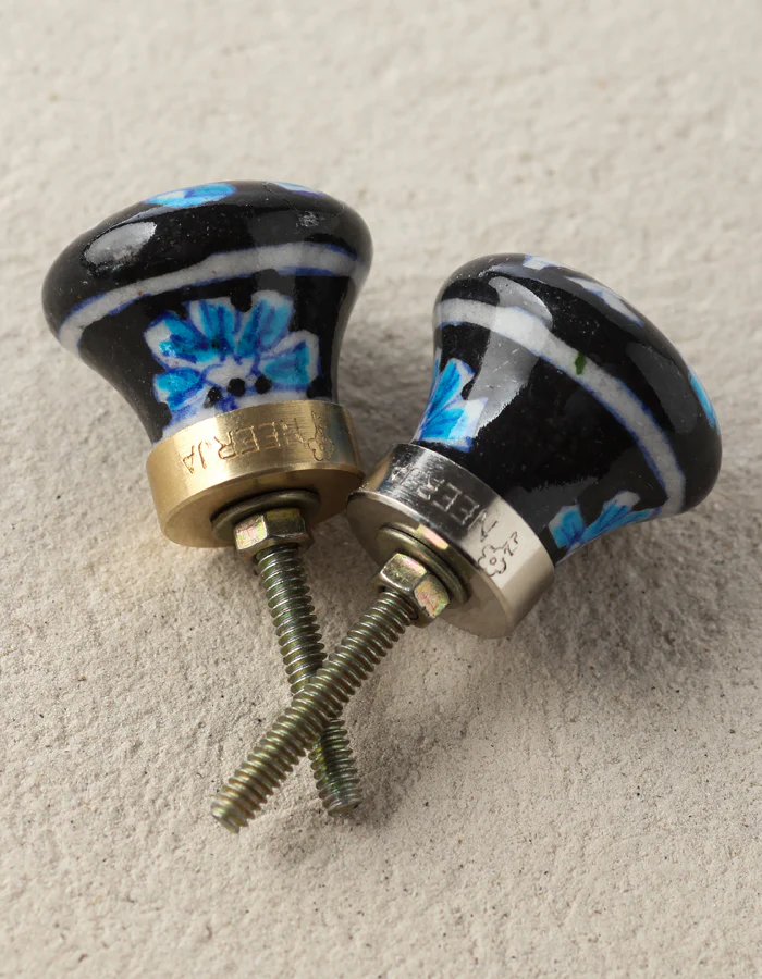 Handmade Paisley Flower On Black Ceramic Blue Pottery Drawer Knob - Image 4