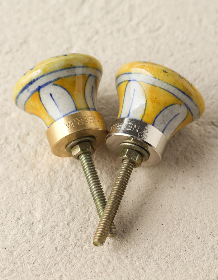 Handmade White And Blue Flower On Yellow Base Dresser Cabinet Knob - Image 4