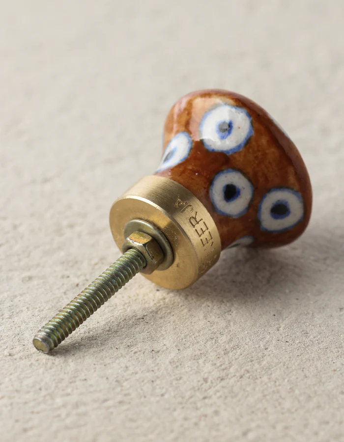 Handmade White Circles On Brown Ceramic Blue Pottery Door Knob - Image 3