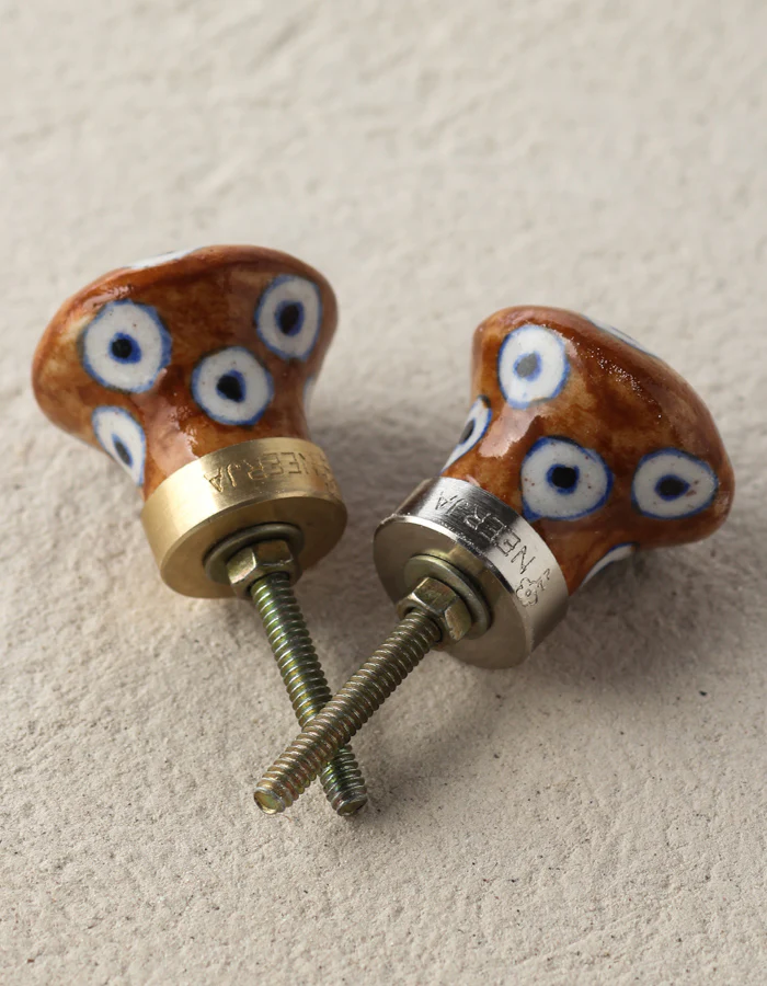 Handmade White Circles On Brown Ceramic Blue Pottery Door Knob - Image 4