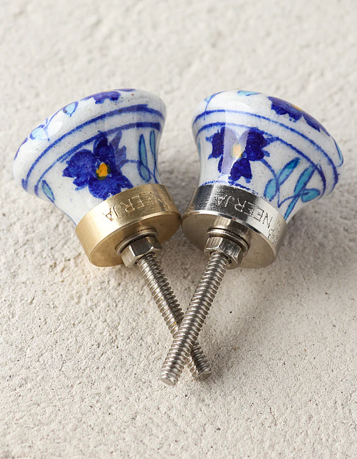 Handmade White Dresser Cabinet Knob With Blue Flowers And Turquoise Leaves - Image 4