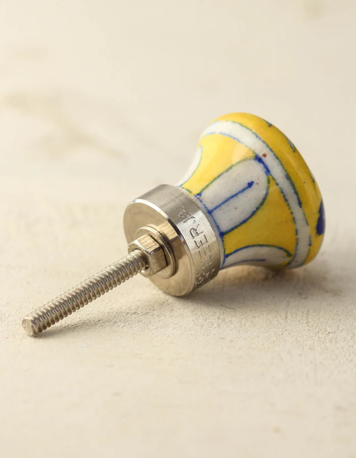 Handmade Yellow Ceramic Door Knob With Blue And White Design - Image 3