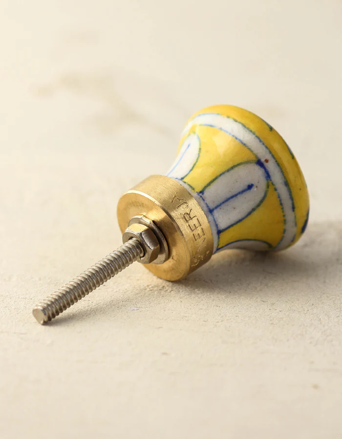 Handmade Yellow Ceramic Door Knob With Blue And White Design - Image 4