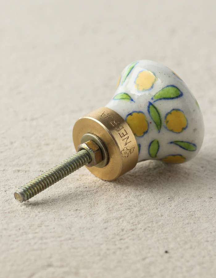 Handmade Yellow Flowers On White Ceramic Blue Pottery Door Knob - Image 3