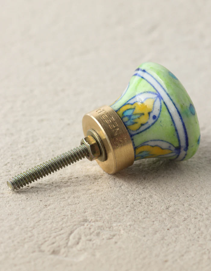 Light Green Ceramic Blue Pottery Drawer Knob With Turquoise And Yellow Print - Image 3