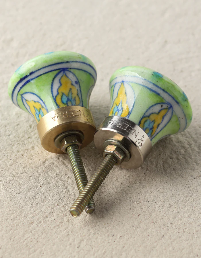 Light Green Ceramic Blue Pottery Drawer Knob With Turquoise And Yellow Print - Image 4