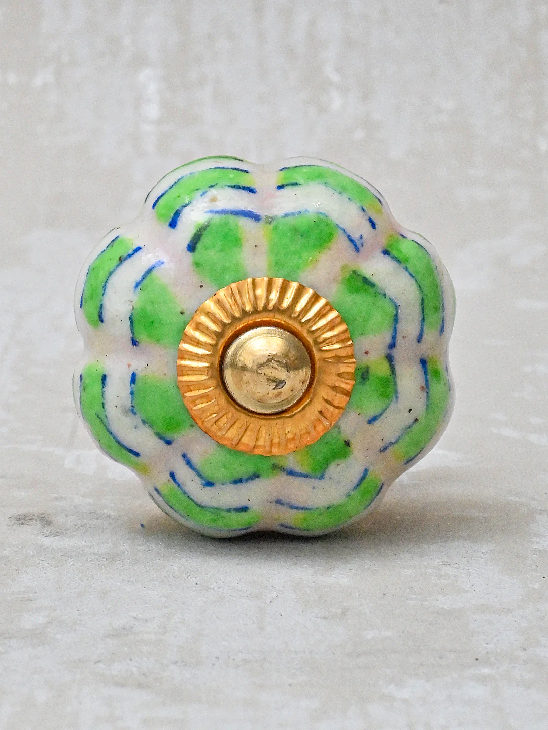 Melon Shaped White Ceramic Bathroom Cabinet Knob With Green Print - Image 3