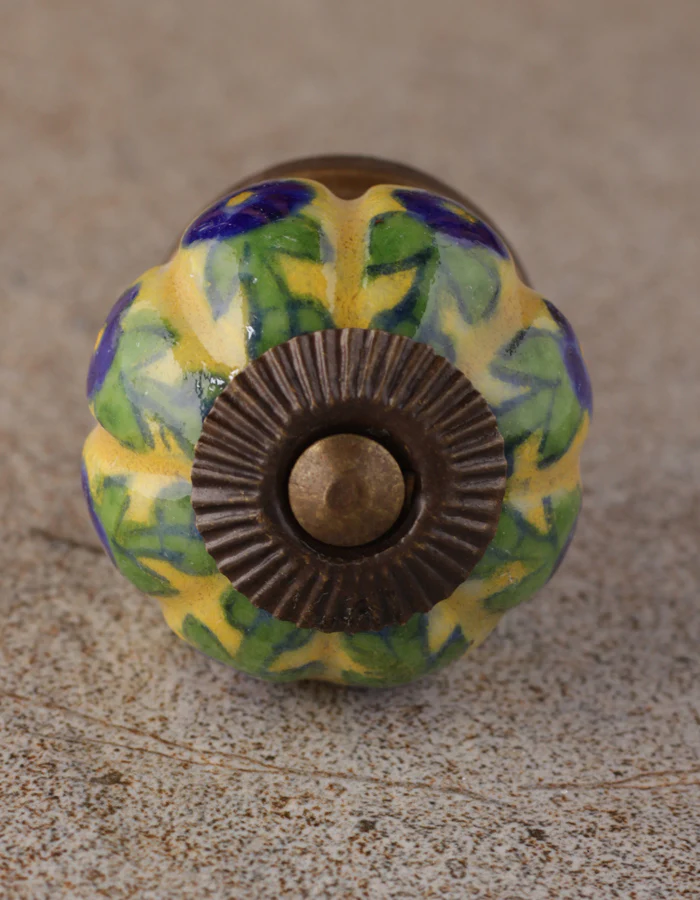 Multicolor Flower And Leaf Design On Yellow Ceramic Door Knob - Image 3