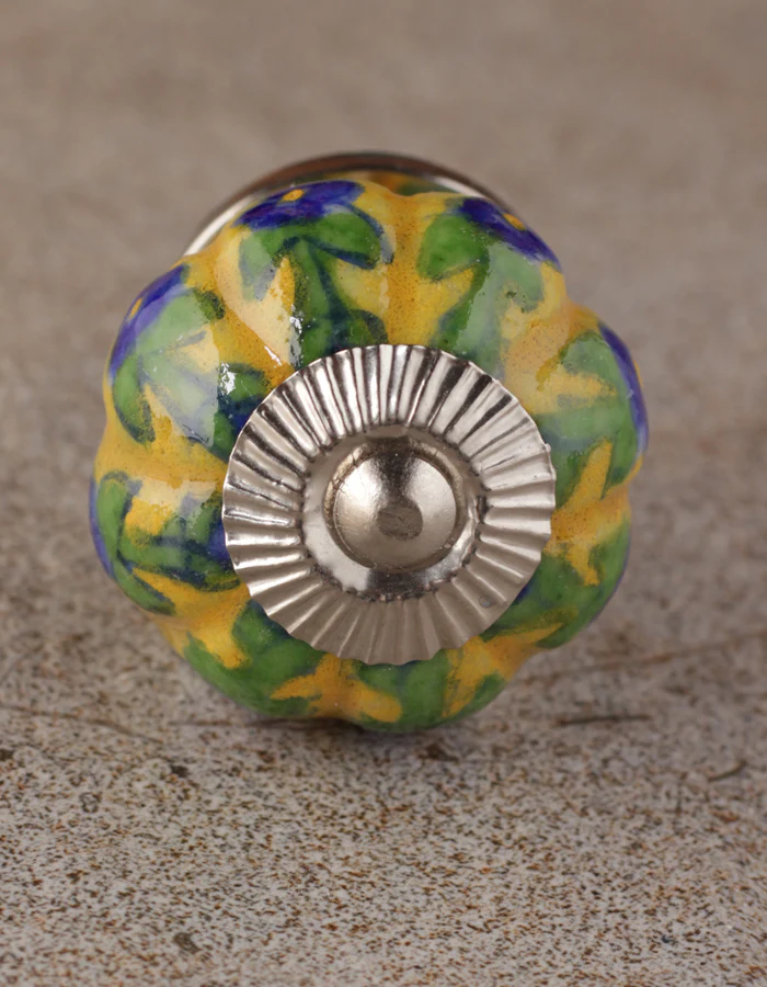Multicolor Flower And Leaf Design On Yellow Ceramic Door Knob - Image 4