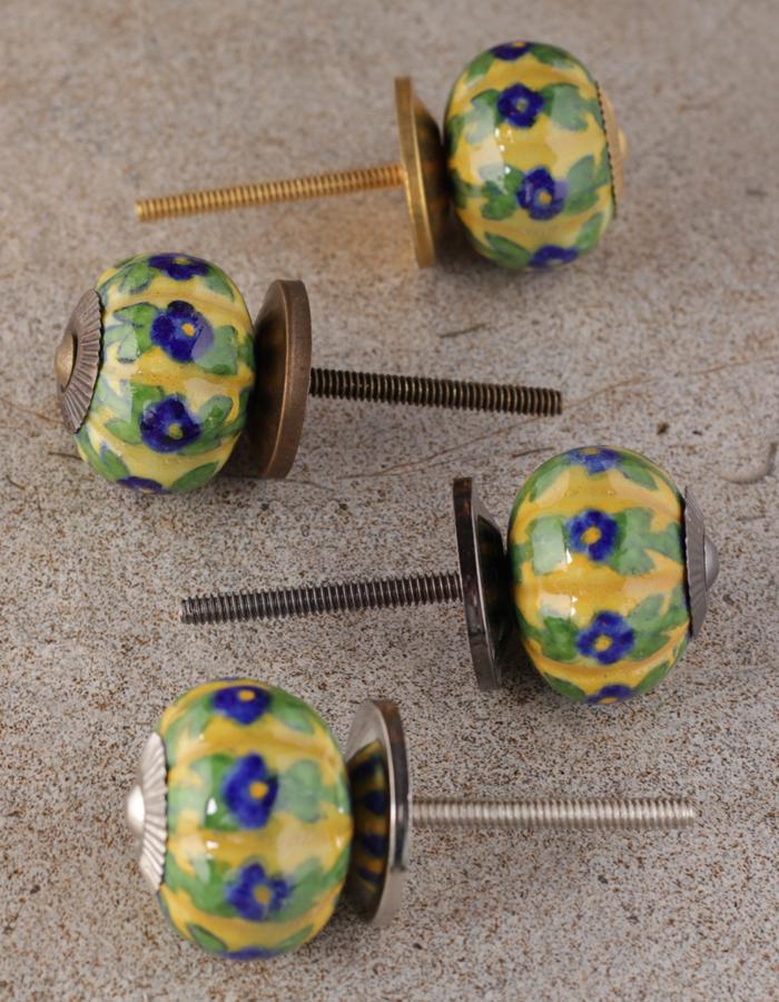 Multicolor Flower And Leaf Design On Yellow Ceramic Door Knob - Image 5