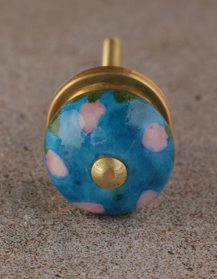 Pink Flower And Leaf Design On Turquoise Ceramic Cupboard Knob - Image 3