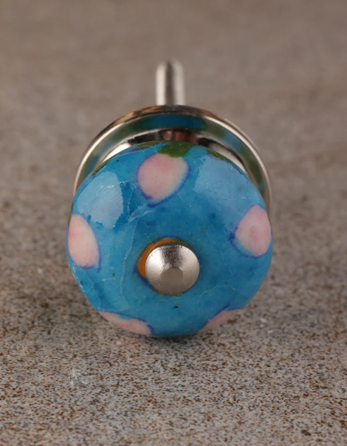 Pink Flower And Leaf Design On Turquoise Ceramic Cupboard Knob - Image 4