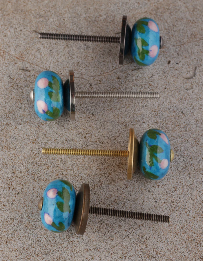 Pink Flower And Leaf Design On Turquoise Ceramic Cupboard Knob - Image 5