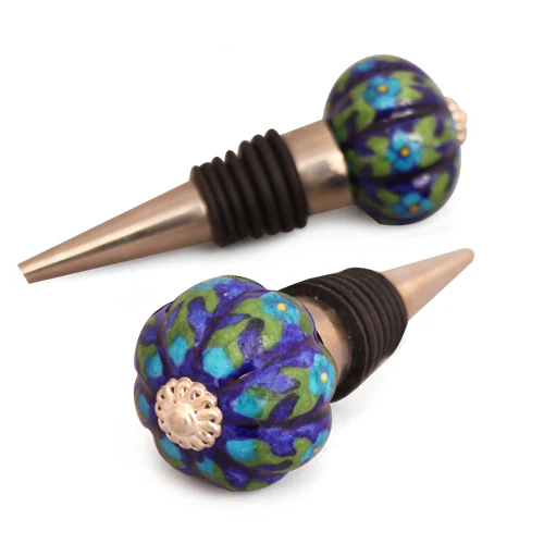 Royal Blue Base With Turquoise Flower Ceramic Wine Bottle Stopper(Set of Two) - Image 3