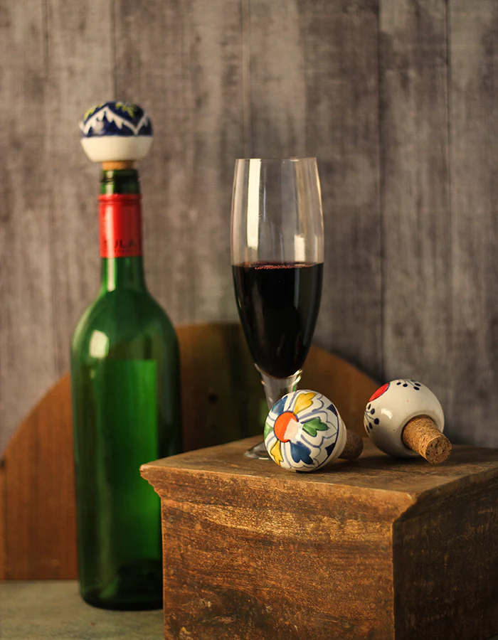 Royal Blue Flower With Green Petals Ceramic Wine Bottle Stopper (Sold In Set of 2) - Image 3