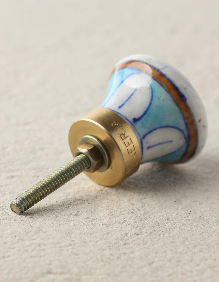 Stylish White Round Ceramic Blue Pottery Drawer Knob With Multicolor Petals - Image 3