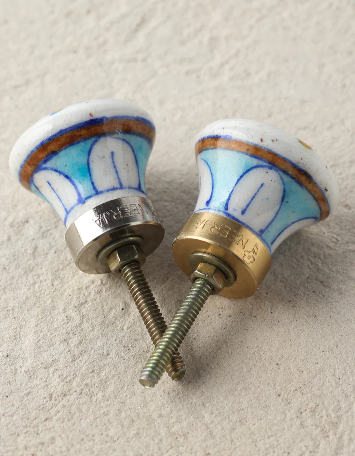 Stylish White Round Ceramic Blue Pottery Drawer Knob With Multicolor Petals - Image 4