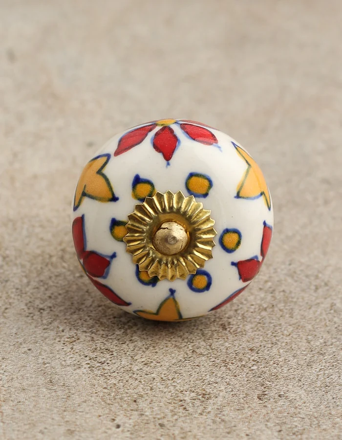 Stylish White Round Ceramic Dresser Knob With Multicolor Print - Image 3