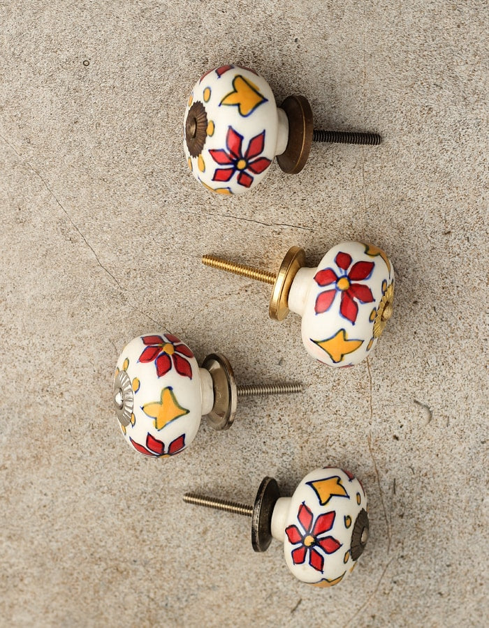 Stylish White Round Ceramic Dresser Knob With Multicolor Print - Image 5