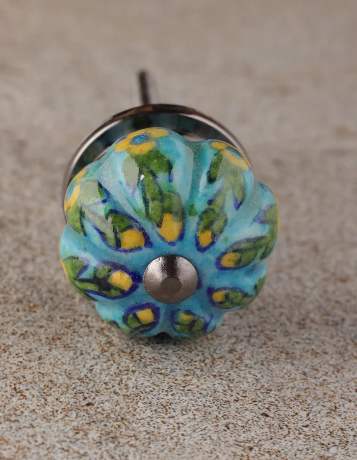 Turquoise Base Ceramic Bathroom Cabinet Knob With Yellow Flowers - Image 3