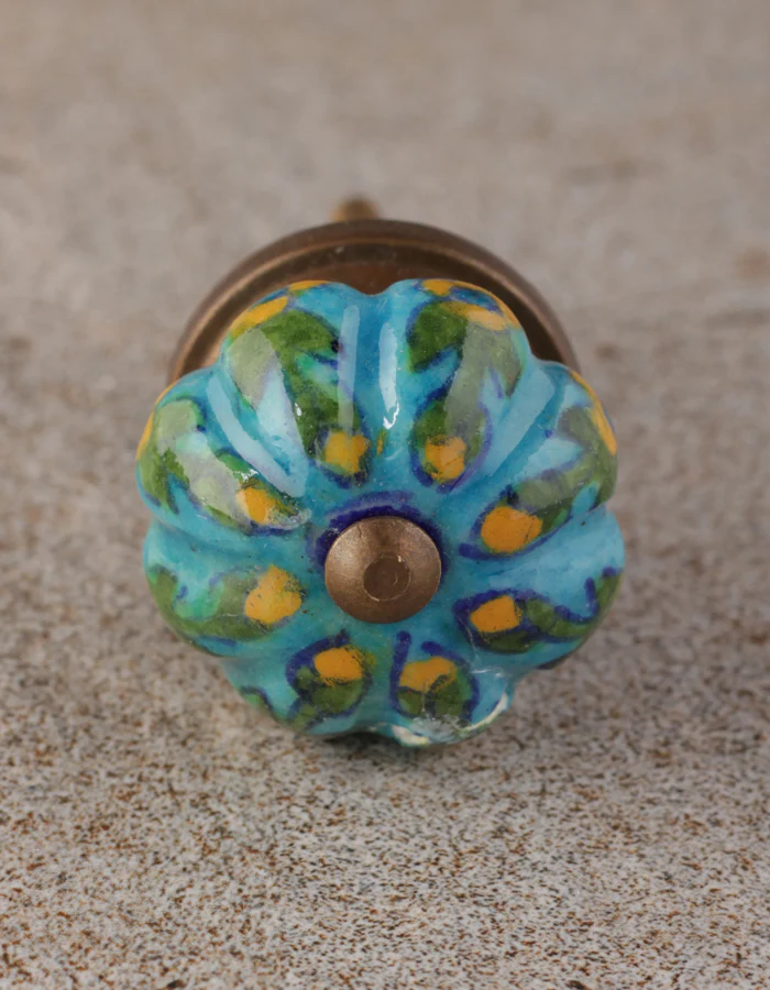 Turquoise Base Ceramic Bathroom Cabinet Knob With Yellow Flowers - Image 4