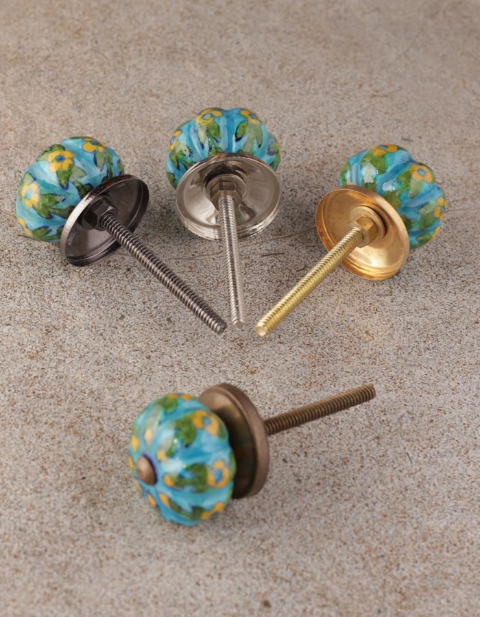 Turquoise Base Ceramic Bathroom Cabinet Knob With Yellow Flowers - Image 5