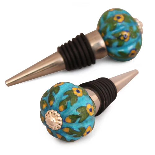 Turquoise Base With Yellow Flower Ceramic Wine Bottle Stopper (Set of Two) - Image 3