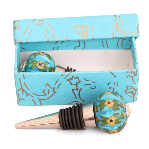 Turquoise Base With Yellow Flower Ceramic Wine Bottle Stopper (Set of Two) - Image 4