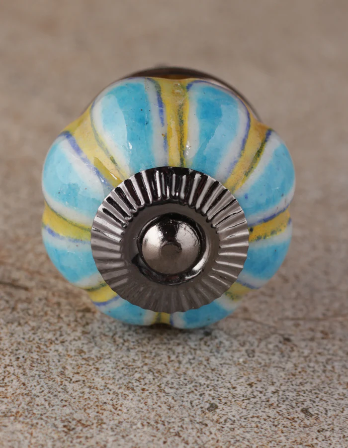 Turquoise Flower With Yellow Base Melon Shaped Drawer Knob - Image 3