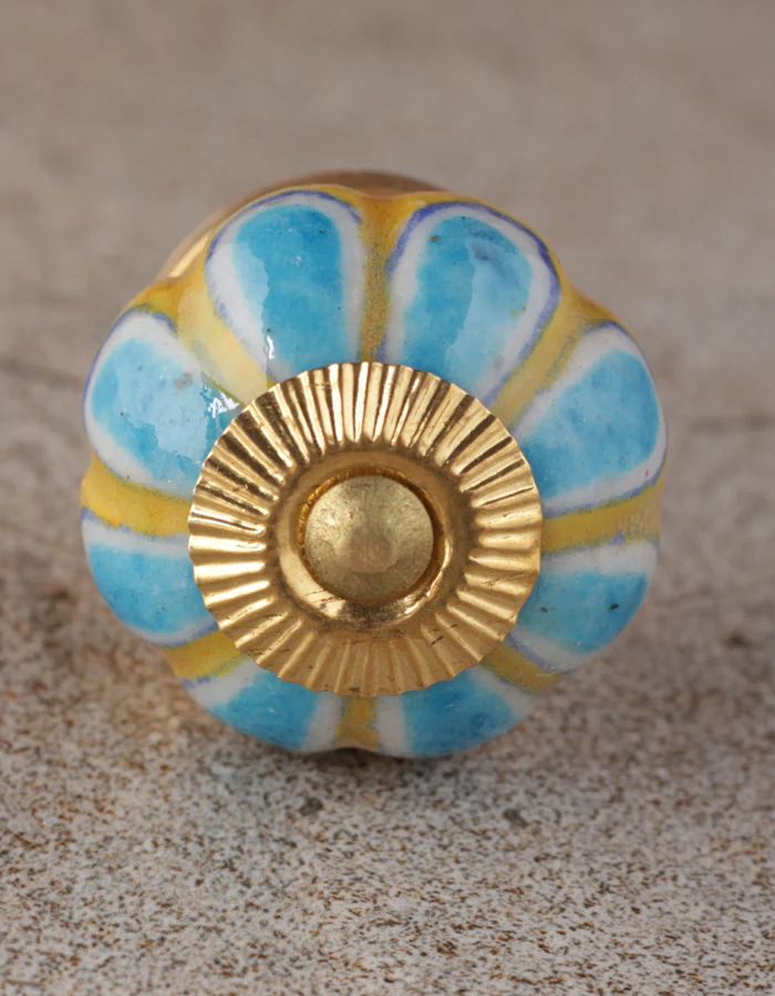 Turquoise Flower With Yellow Base Melon Shaped Drawer Knob - Image 4