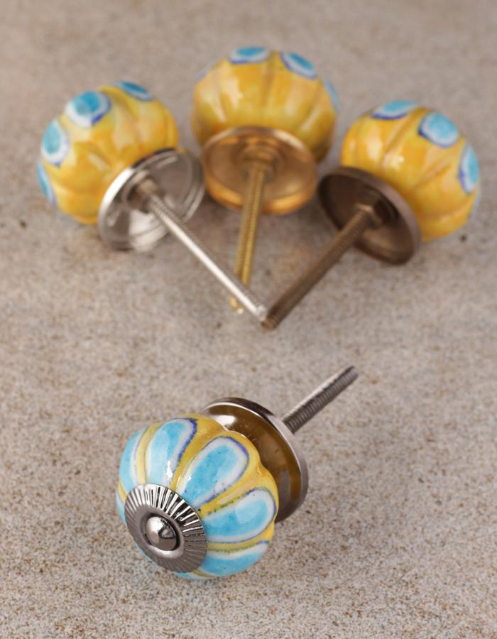 Turquoise Flower With Yellow Base Melon Shaped Drawer Knob - Image 5