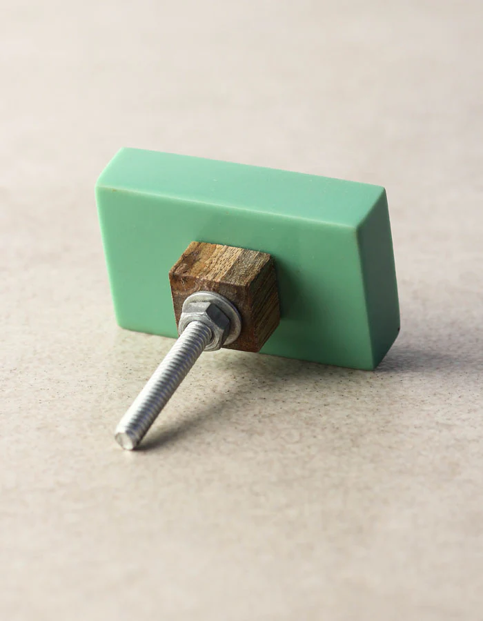 Vintage Sea Green And Wooden Resin Rectangular Shaped Cupboard Knob - Image 3