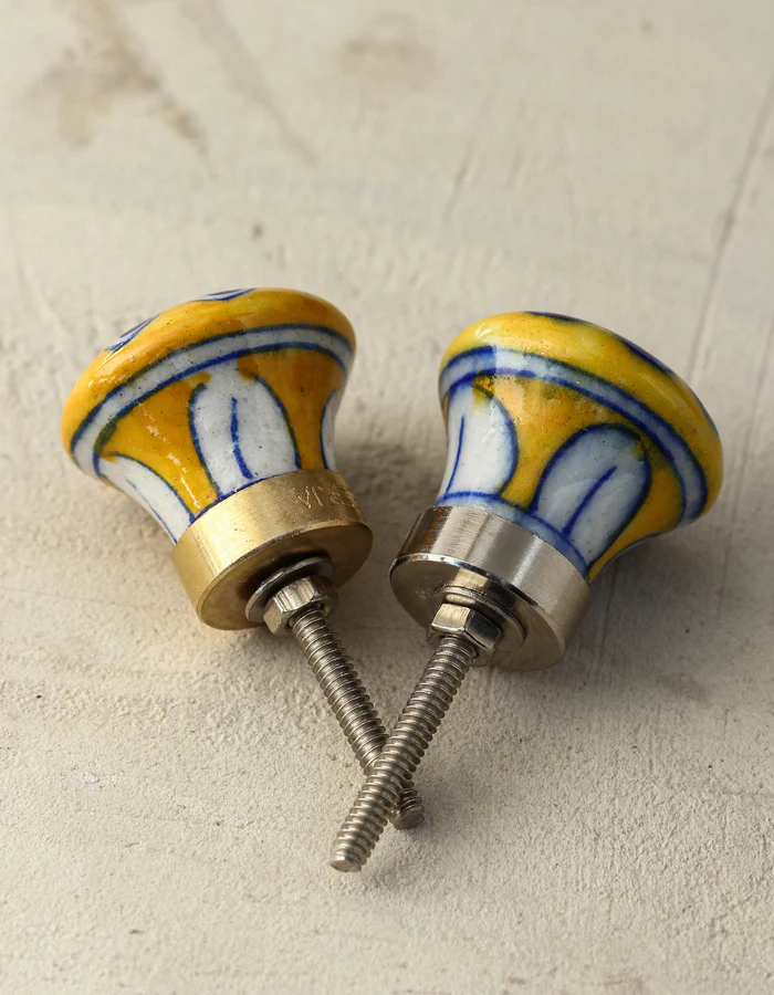 Well Designed Yellow Dresser Blue Pottery Cabinet Knob With Blue Flower - Image 4