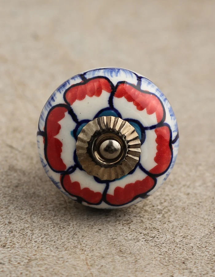 White Base Cabinet Knob With Red And Blue Floral Design - Image 3