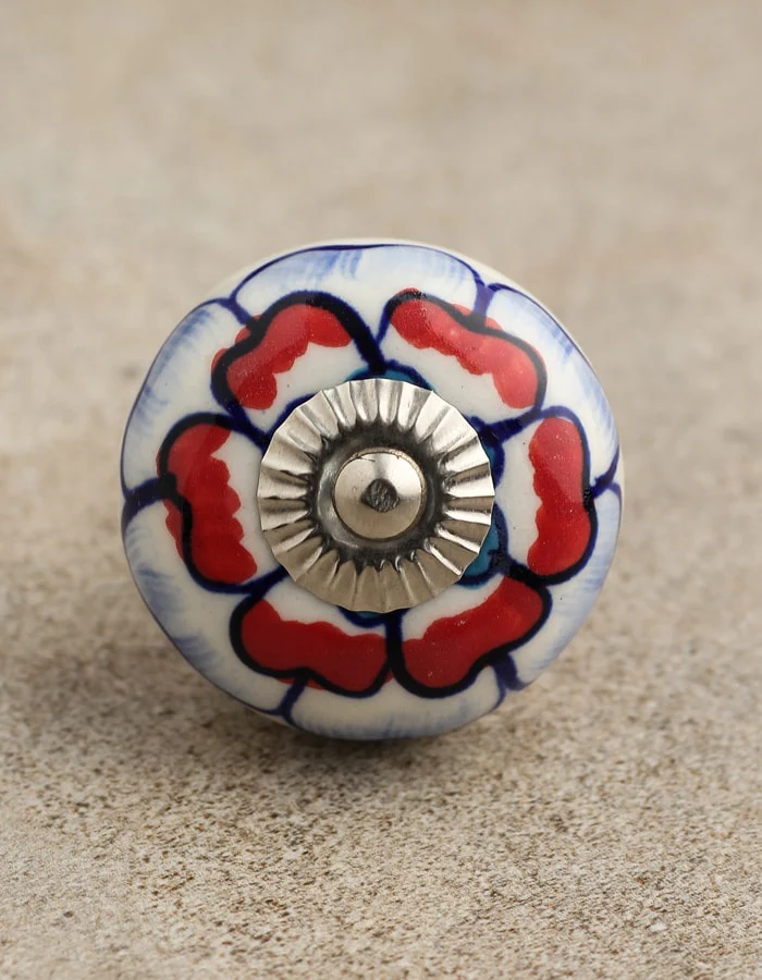 White Base Cabinet Knob With Red And Blue Floral Design - Image 4