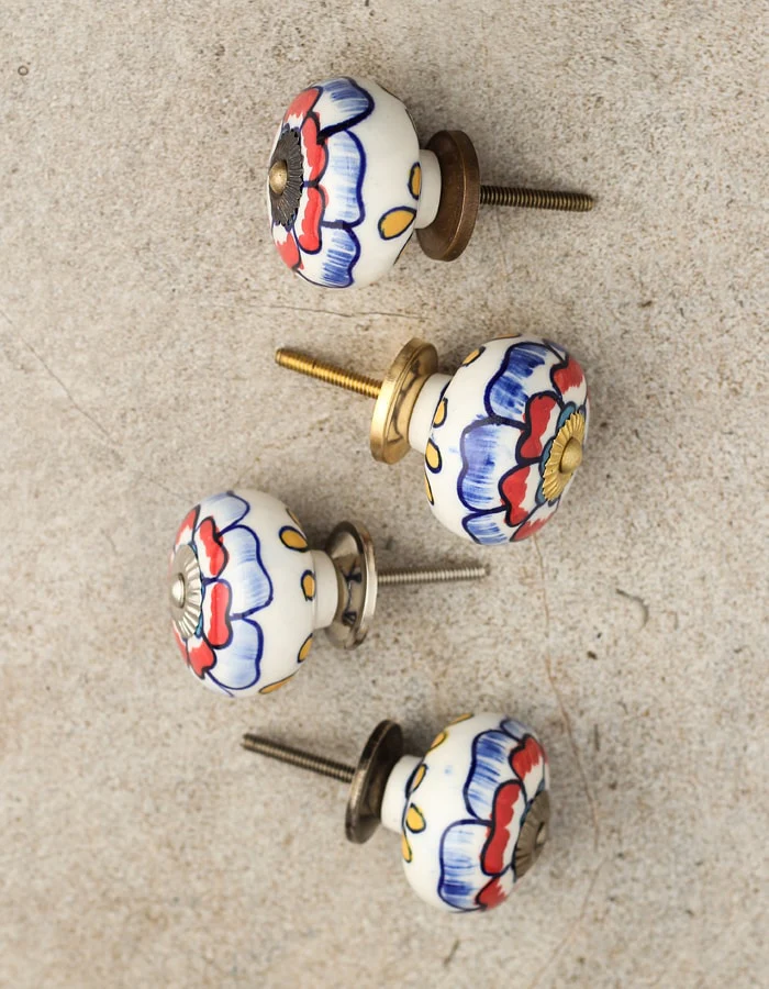 White Base Cabinet Knob With Red And Blue Floral Design - Image 5